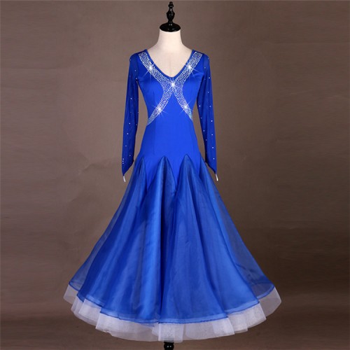 Women's girls ballroom dancing dresses female royal blue black rhinestones waltz tango dancing dresses